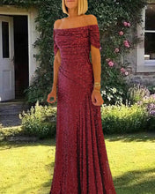 Load image into Gallery viewer, Mermaid Burgundy Sequin Off Shoulder Dress
