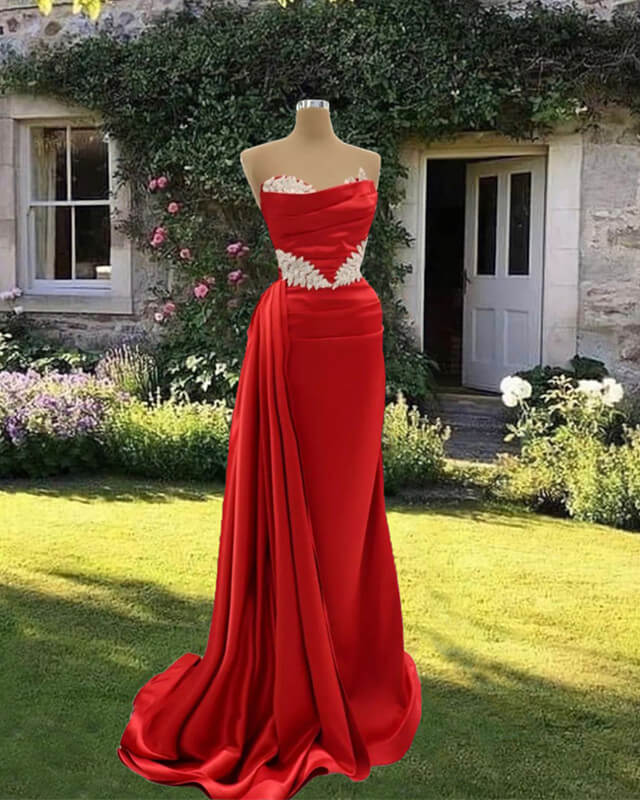 strapless open back dress Long Red Mermaid Satin Strapless With Lace Embroidery – alinanova