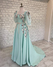 Load image into Gallery viewer, Blue Puffy Sleeve Dress With 3d Flowers

