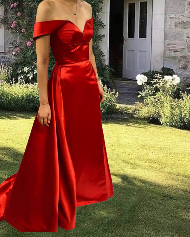 Long Red Satin Corset Back Dress