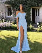 Load image into Gallery viewer, Mermaid Baby Blue Sparkly Split Dress
