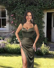 Load image into Gallery viewer, Mermaid Olive Green Satin Split Gown
