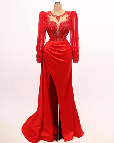 Red Long Sleeve Mermaid Gown