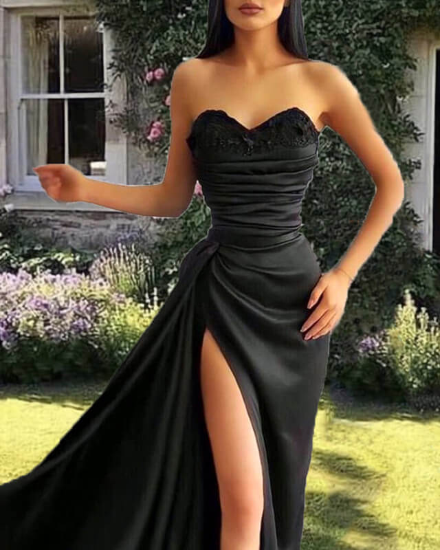 Mermaid Black Satin Split Dress alinanova Mermaid Black Satin Split Dress alinanova