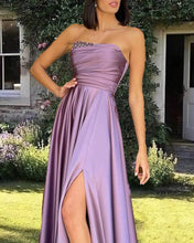 Load image into Gallery viewer, Long Mauve Satin Strapless Split Dress
