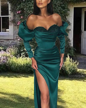 Load image into Gallery viewer, Mermaid Emerald Satin Sleeved Dress
