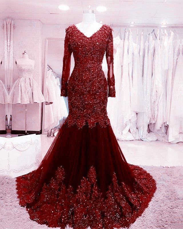 Burgundy long sleeve sales mermaid prom dress