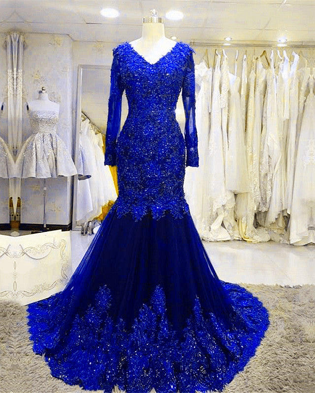 Lace Mermaid Prom Dresses V Neck Long Sleeves alinanova Lace Mermaid Prom Dresses V Neck Long Sleeves alinanova
