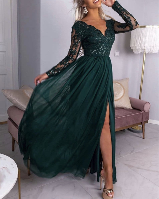 Lace Long Sleeves Prom Dresses V Neck Split