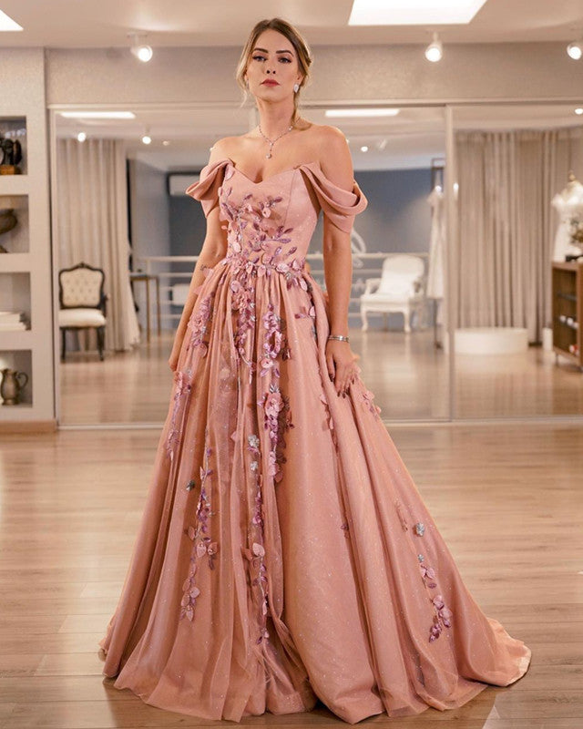 peach off the shoulder prom dress Tulle And Satin Off Shoulder Prom Dresses Flowers Embroidery
