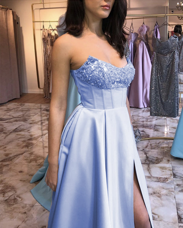 Beaded Strapless Corset Prom Dresses Satin Split alinanova Beaded Strapless Corset Prom Dresses Satin Split alinanova