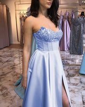 Load image into Gallery viewer, Beaded Strapless Corset Prom Dresses Satin Split
