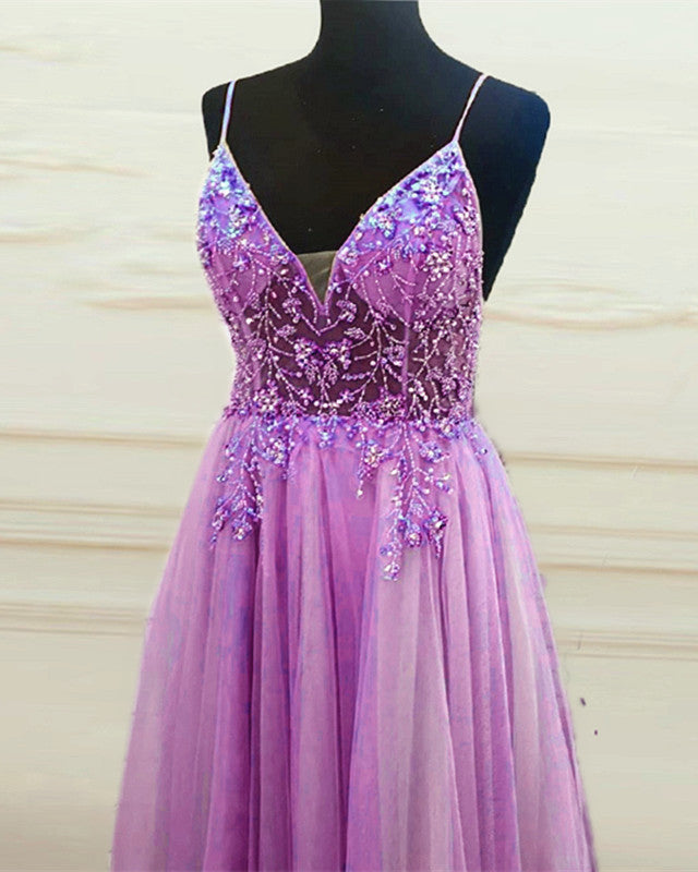 Tulle Beaded Prom Dresses V Neck Side Split – alinanova
