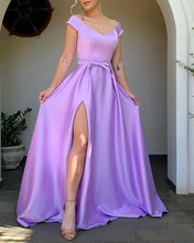 Load image into Gallery viewer, Sexy High Slit Prom Dresses Satin Off The Shoulder-alinanova
