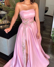 Load image into Gallery viewer, Sexy Side Split Prom Dresses Strapless Satin Embroidery-alinanova
