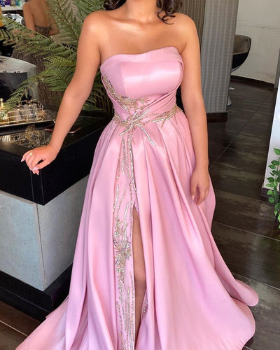 Sexy Side Split Prom Dresses Strapless Satin Embroidery-alinanova