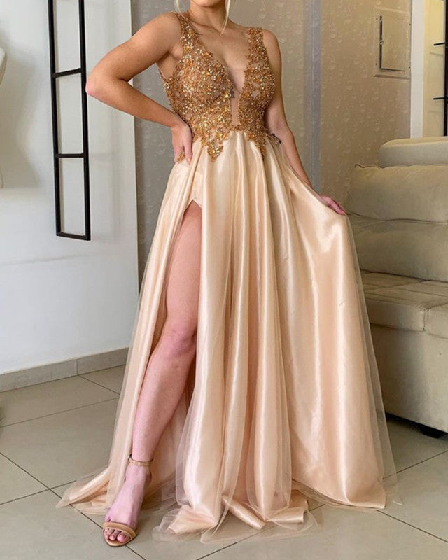Gold Lace Beaded Prom Long Dresses Side Split-alinanova