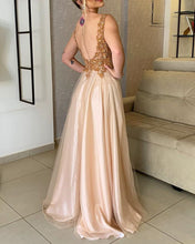 Load image into Gallery viewer, Gold Lace Beaded Prom Long Dresses Side Split
