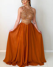 Load image into Gallery viewer, Long Chiffon Halter Prom Dresses Lace Beaded Open Back-alinanova

