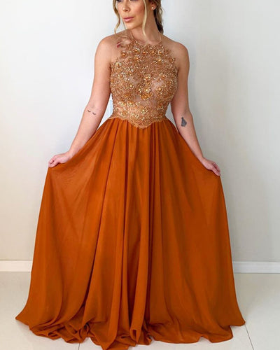 Long Chiffon Halter Prom Dresses Lace Beaded Open Back-alinanova