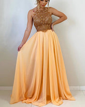 Load image into Gallery viewer, Long Chiffon Halter Prom Dresses Lace Beaded Open Back
