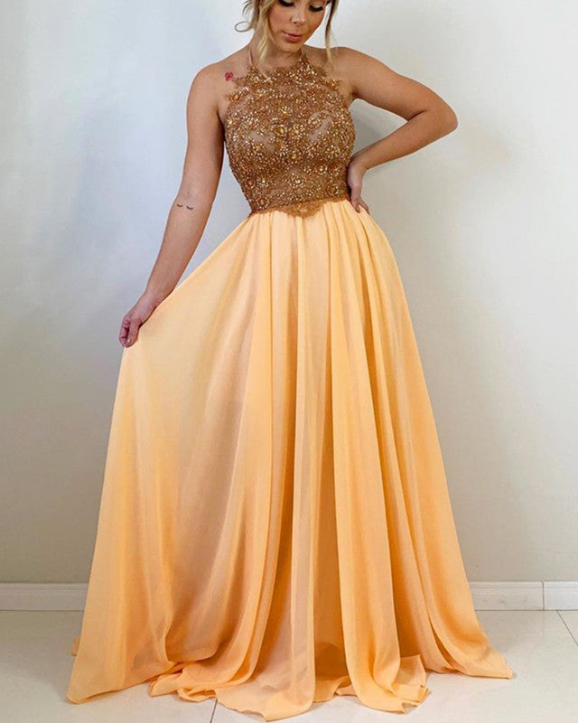 slim fit dress slacks Long Chiffon Halter Prom Dresses Lace Beaded Open Back – alinanova