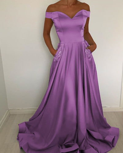 Off The Shoulder Satin Prom Dresses Beaded Pockets-alinanova