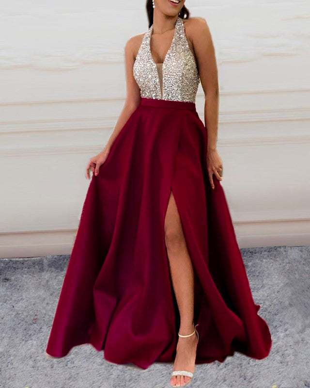 Beaded Halter Side Split Prom Dresses Long-alinanova