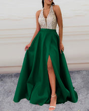 Load image into Gallery viewer, Beaded Halter Side Split Prom Dresses Long
