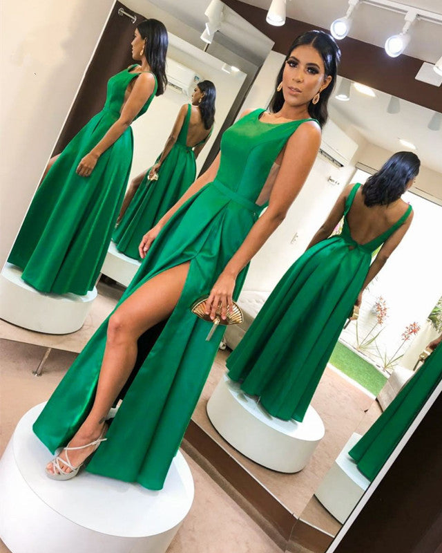 Simple Prom Dresses Satin Split Scoop Neck
