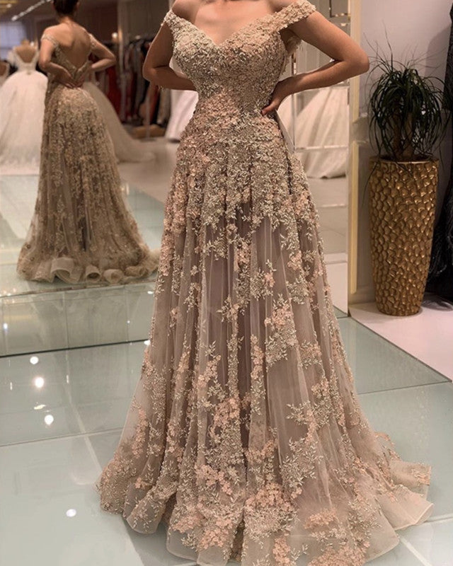 Elegant Lace Prom Long Dresses Off Shoulder-alinanova