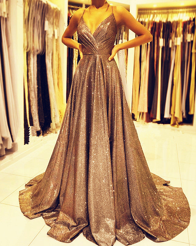 open lace back dress Glitter Prom Long Dresses Pleated V Neck