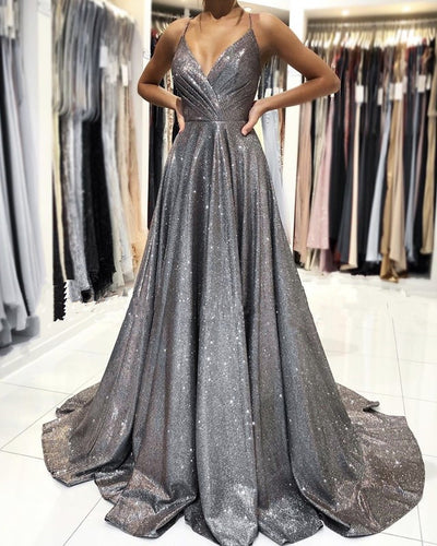 Glitter Prom Long Dresses Pleated V Neck-alinanova