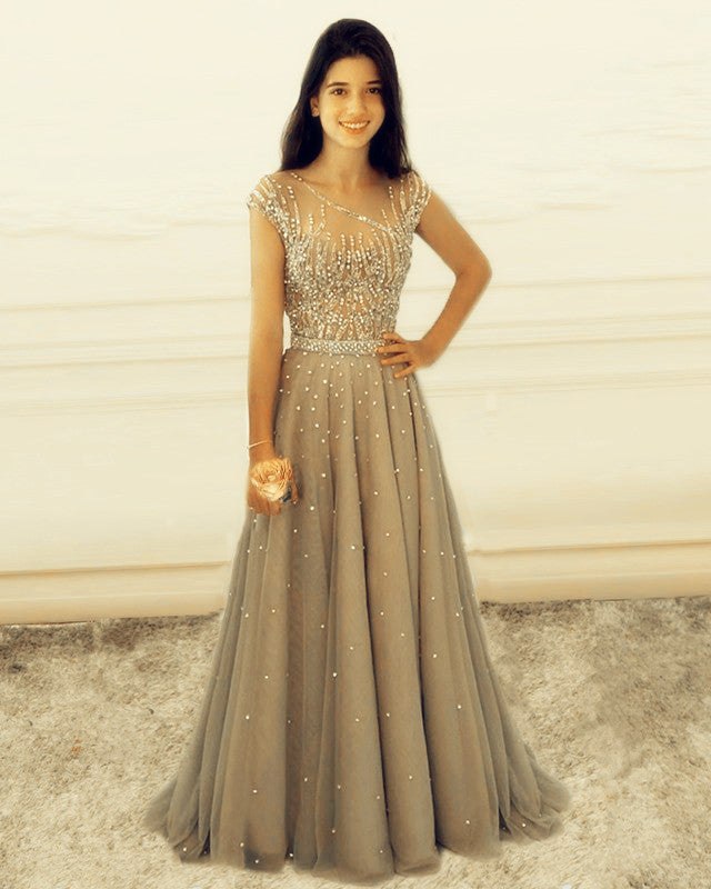 Sheer Beaded Top Prom Dresses Tulle Floor Length Sheer Beaded Top Prom Dresses Tulle Floor Length