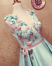 Load image into Gallery viewer, Long Satin Empire Prom Dresses V Neck 3D Flowers Embroidery-alinanova
