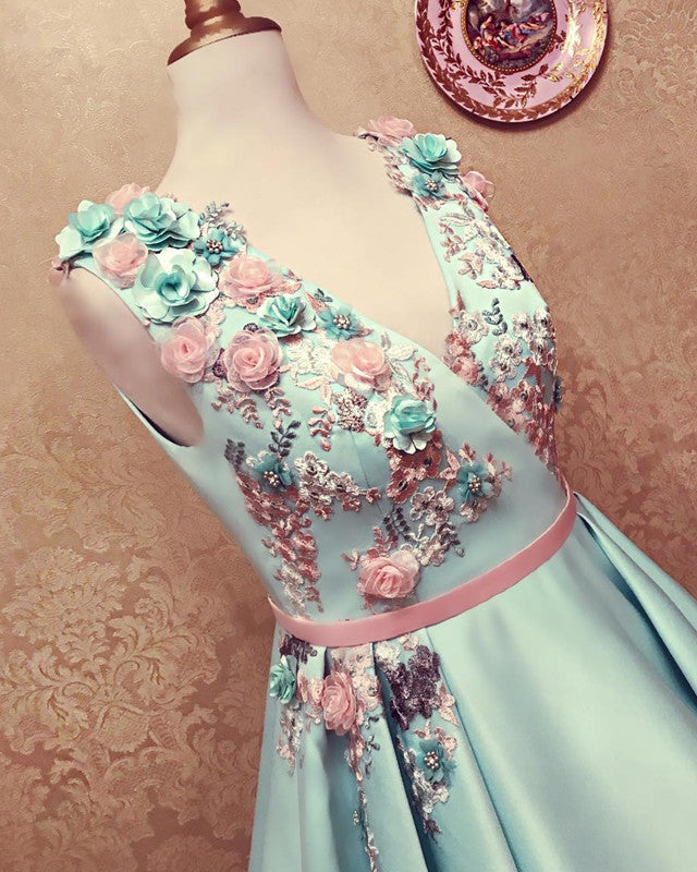 Long Satin Empire Prom Dresses V Neck 3D Flowers Embroidery-alinanova