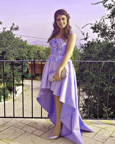 High Low Prom Dresses Lace Flowers Spaghetti Straps-alinanova