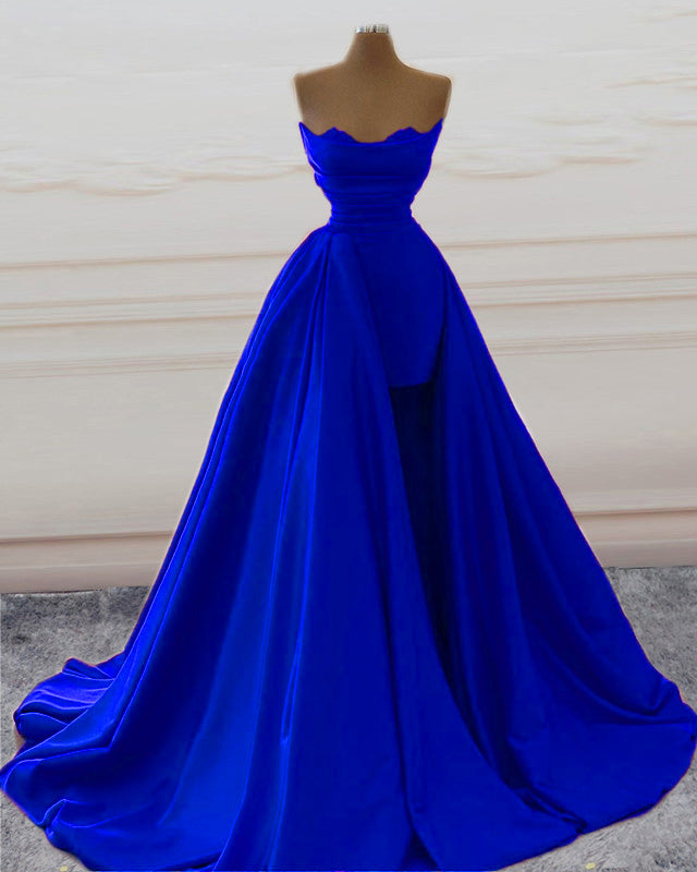 Blue Satin Ruched Prom Dresses