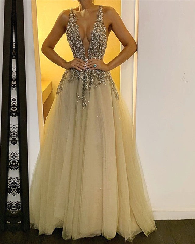Tulle Floor Length Prom Dresses Plunge Neck Embroidery Beaded