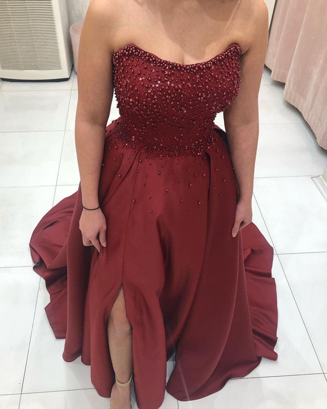 Beaded Strapless High Slit Satin Prom Long Dresses-alinanova