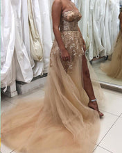Load image into Gallery viewer, Lace Embroidery Sweetheart Corset Tulle Split Dresses
