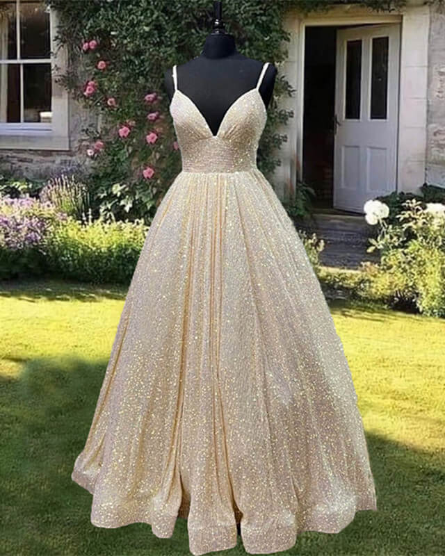 Ball Gown V Neck Sequin Prom Dresses Spaghetti Straps alinanova Ball Gown V Neck Sequin Prom Dresses Spaghetti Straps alinanova