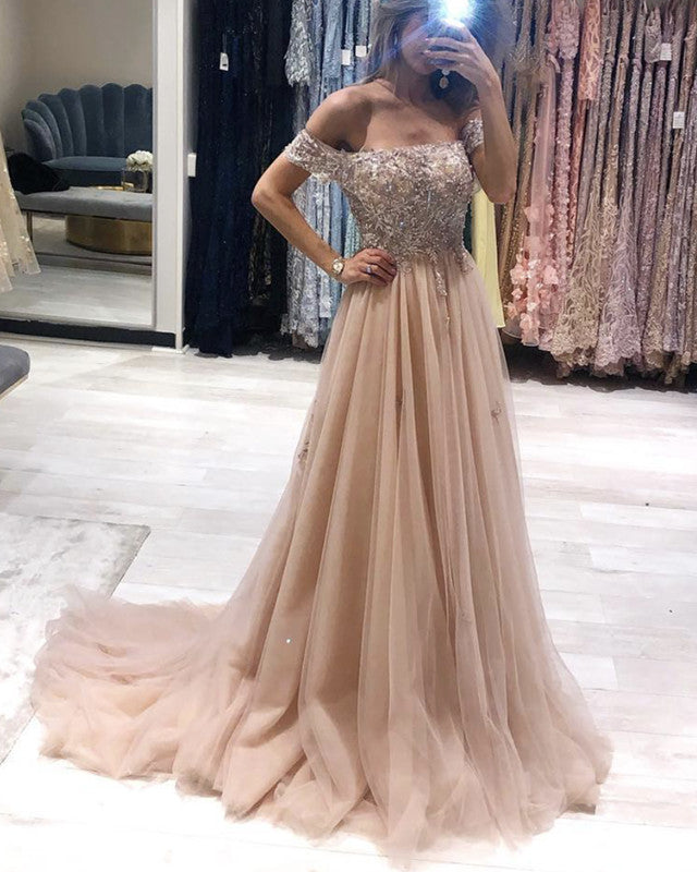 Tulle Prom Dresses Long Off The Shoulder Lace Embroidery-alinanova