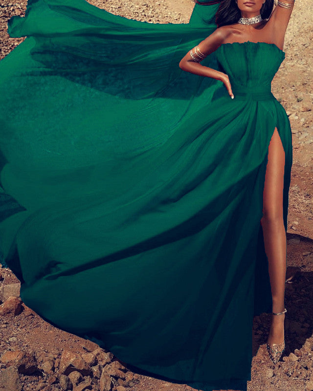 Dark Green Chiffon Prom Dresses Strapless Split
