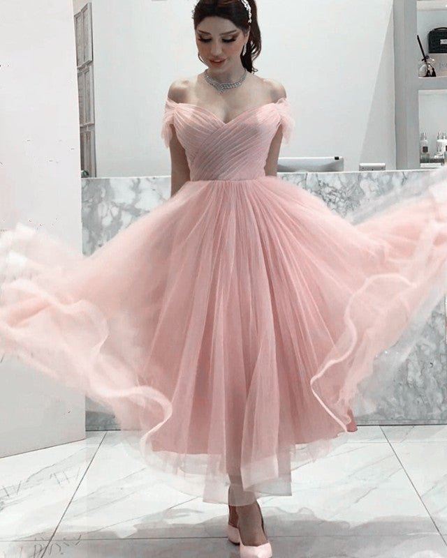 Elegant Tulle Midi Prom Dresses Off The Shoulder Elegant Tulle Midi Prom Dresses Off The Shoulder