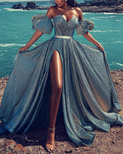 Load image into Gallery viewer, Glitter Prom Dresses Removable Sleeves Leg Split
