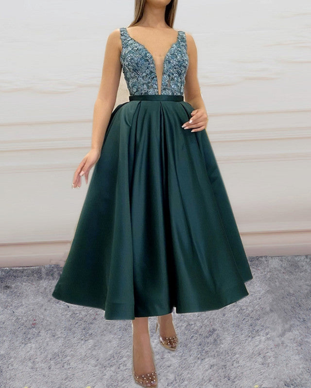 Elegant Lace V Neck Satin Prom Dresses Midi-alinanova