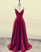 Load image into Gallery viewer, A-line V Neck Prom Long Dresses Satin Split

