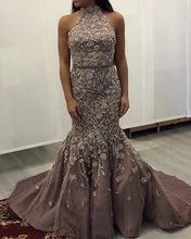 Load image into Gallery viewer, Lace Embroidery Mermaid Prom Dresses Halter Evening Gown
