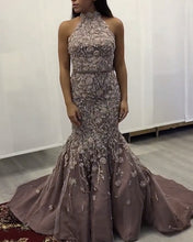 Load image into Gallery viewer, Lace Embroidery Mermaid Prom Dresses Halter Evening Gown-alinanova

